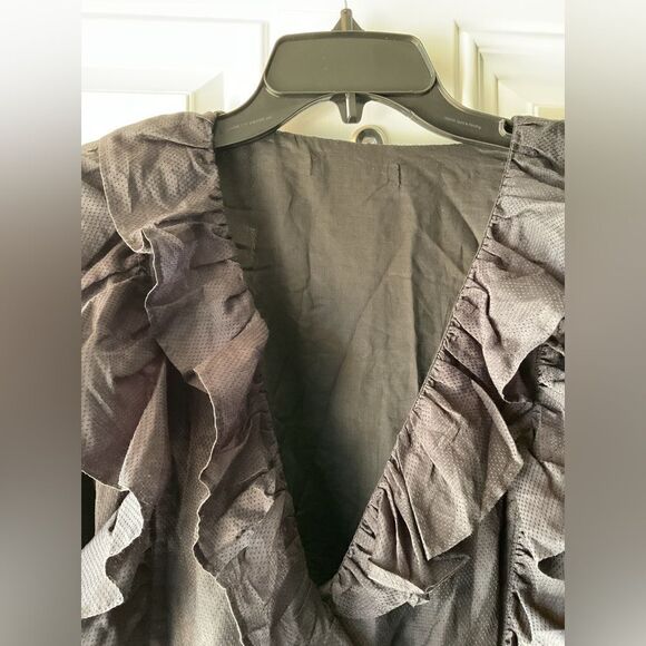 Magali Pascal Maggie Black Silk Blend Ruffled V-Neck Tie Waist Mini Dress Size 8 - Picture 4 of 8